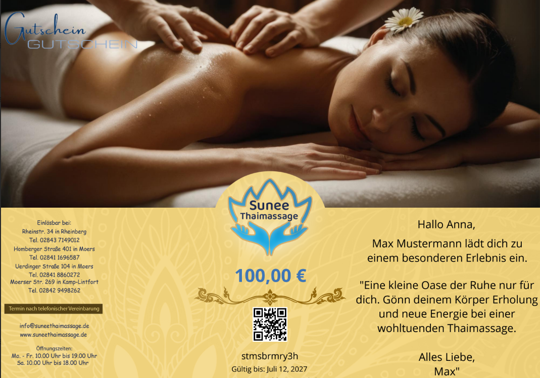 Thaimassage Gutschein von Sunee Thaimassage. Online Buchbar